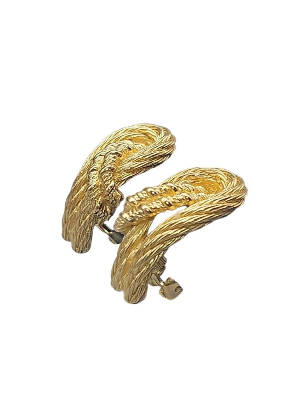 VINTAGE Christian Dior Cordage Knots Clip On Earrings Textured Gold Plated - Picture 3 of 12